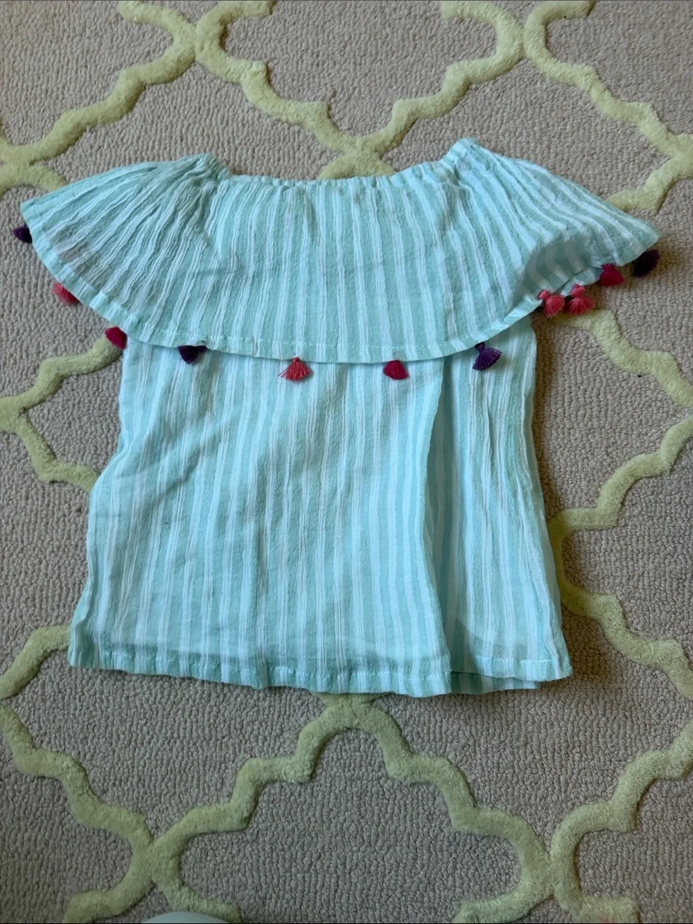Hatley Mint and White Striped Off-Shoulder Tank with Colorful Pom Trim